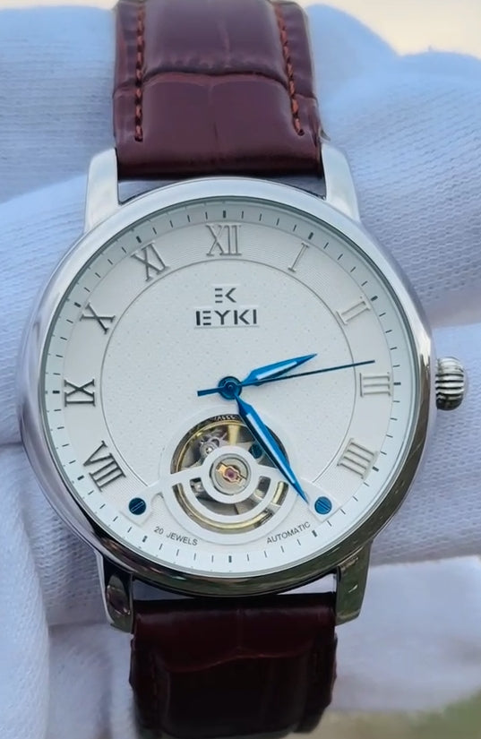 Eyki White Tourbillon Dial With Brown Leather